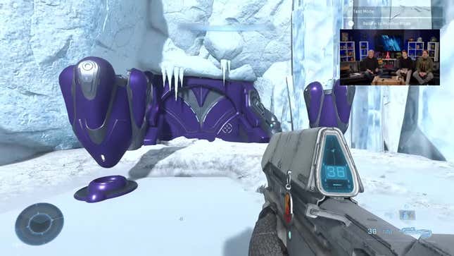 A player looks at purple themed objects and doors on a snowy map.