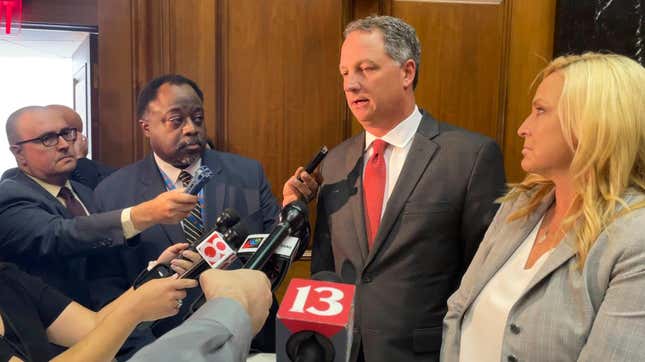 Indiana Republican House Speaker Todd Huston, left, and Republican Rep. Wendy McNamara, right, speak with reporters after the Indiana House approved a near-total abortion ban at the Statehouse in Indianapolis, Friday, Aug. 5, 2022. The legislation returns to the Senate to confer on the House changes. (AP Photo/Arleigh Rodgers)