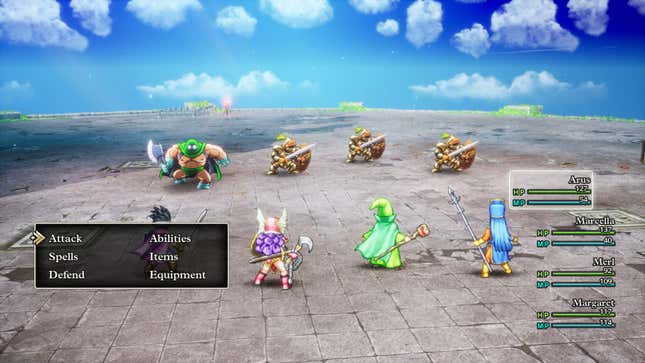 A screenshot shows a party of heroes in the foreground with their backs to us facing off against four Dragon Quest enemies facing them in the background as they engage in turn-based combat.