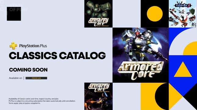 Una captura de pantalla muestra el título de varios juegos de Armored Core y Patapon.