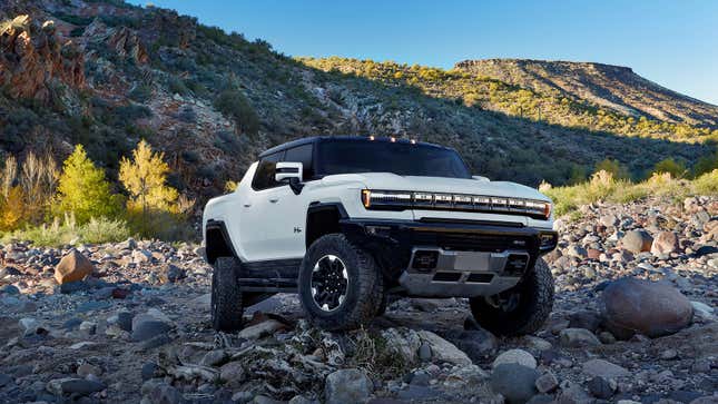 A photo of a white Hummer EV pickup truck. 