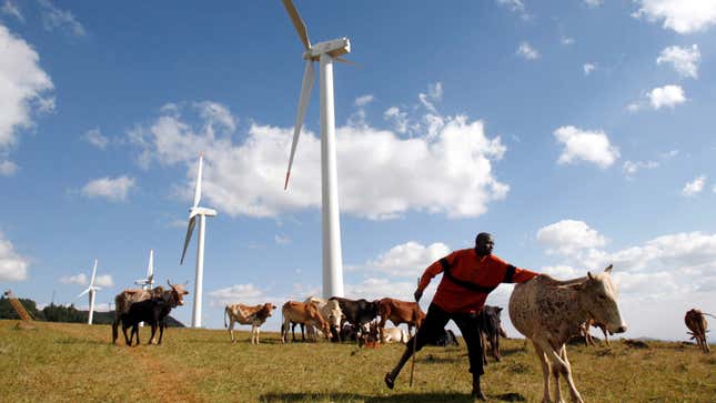A Masaai herdsman looks after his cattle near the power-generating wind turbines at the Kenya Electricity Generating Company (KenGen) station in Ngong hills, 22 km (13.7 miles) southwest of Kenya's capital Nairobi, July 17, 2009. Kenya plans to add 2,000 megawatts of more environmentally-friendly energy by 2013 by investing $7-$8 billion, a KenGen official said on Friday. KenGen is setting up some wind turbines and a private company is planning a 300 MW wind farm in Kenya's northeastern region by 2012.