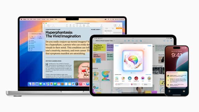 An image showing a mac, iPad, and iPhone displaying the new Apple Intelligence capabilities.