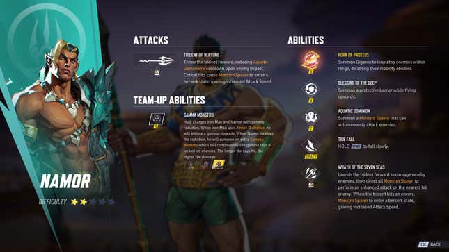 A screenshots hows Namor's various abilities.