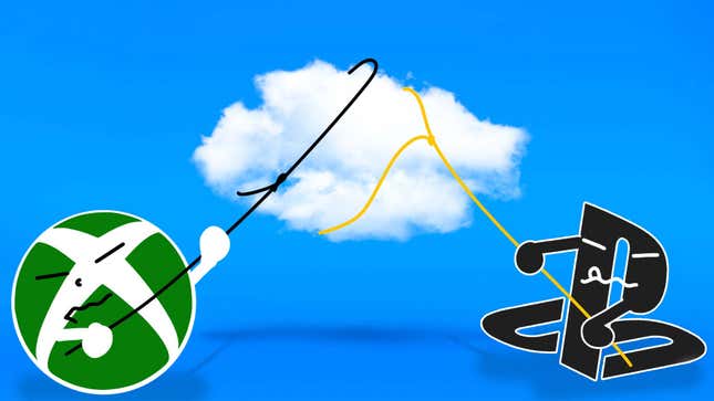 An image shows the Xbox logo and the PlayStation logo fighting over a cloud. 