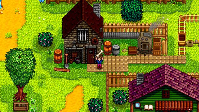 Un granjero de Stardew Valley se encuentra frente a una pequeña casa de ladrillos, sosteniendo un hueso sobre su cabeza.