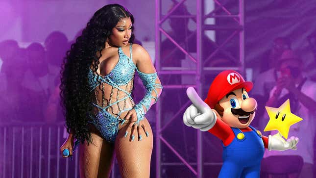 Megan Thee Stallion looks at a Mario holding a star.