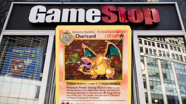 A Charizard card appears in front of GameStop.