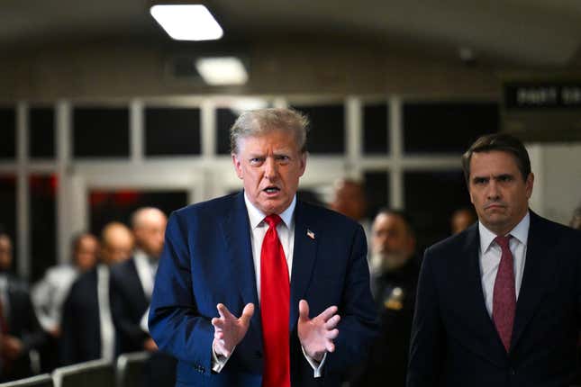 Former President Donald Trump arrives at court for the start of jury selection in his historic hush money trial, Monday, April 15, 2024 in New York. (Angela Weiss/Pool via AP)