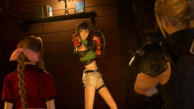 Yuffie makes a punching gesture in front of Aerith and Cloud.