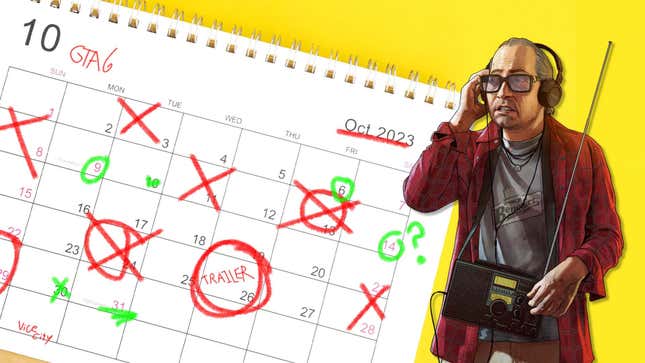 Ron from GTA V stares at an October 2023 calendar with the 26th circled in red.