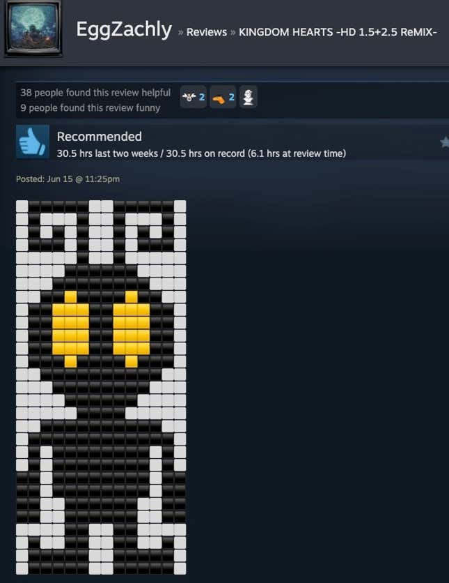 A Steam review with block art of a Heartless.