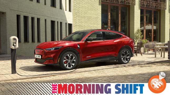 A European-market Ford Mustang Mach-E charges in a city, in a promotional image from Ford.