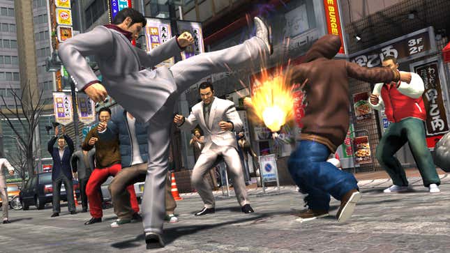 The protagonist of Yakuza 3 kicks someone.