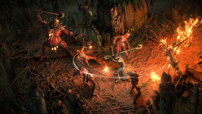 A promotional screenshot of Path of Exile 2. The Monk character is attacking several monsters with a staff while a large bipedal creature prepares to swing its club.