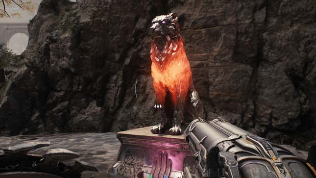 The player looks at a lion statue.