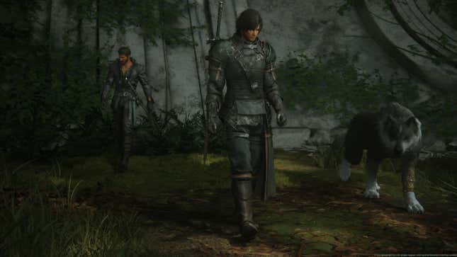 Two men clad in black and a gray wolf-like creature walk in a grassy area.