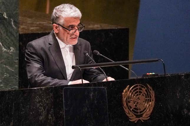 FILE - Iran&#39;s United Nations Ambassador Amir Saeid Iravani addresses the U.N. General Assembly at U.N. headquarters on Feb. 23, 2023. &quot;The Islamic Republic would decisively respond to any attack on the country, its interests and nationals under any pretexts,&quot; IRNA quoted Iravani as saying on Tuesday, Jan. 30, 2024. (AP Photo/Bebeto Matthews, File)