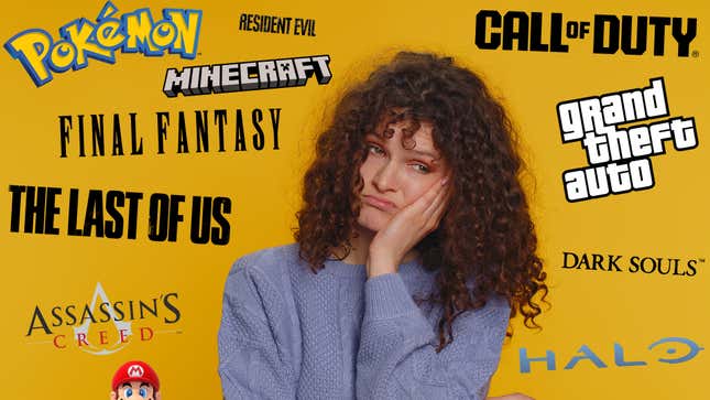 A white woman looks bored among a bunch of different video game logos.
