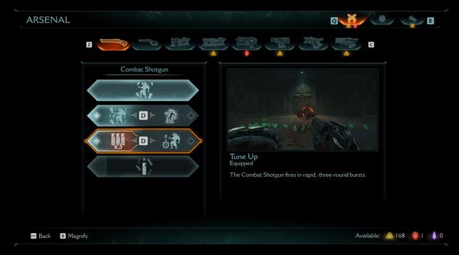 A screenshot shows the Combat Shotgun upgrade path.