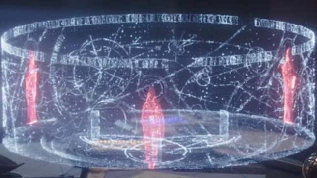 A hologram projects a map and a phrase in runes