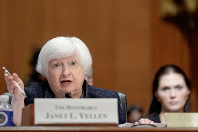 Treasury Secretary Janet Yellen testifies during a Senate Finance hearing to examine President Joe Biden&#39;s proposed budget request for fiscal year 2025 on Capitol Hill Thursday, March 21, 2024, in Washington. (AP Photo/Mariam Zuhaib)