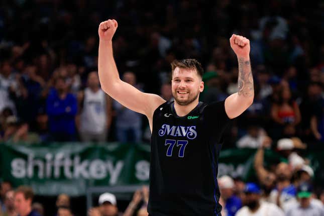 DALLAS, TEXAS - MAY 03: Luka Doncic #77 of the Dallas Mavericks reacts during the fourth quarter against the Los Angeles Clippers in Game Six of the Western Conference First Round Playoffs at American Airlines Center on May 03, 2024 in Dallas, Texas. NOTE TO USER: User expressly acknowledges and agrees that, by downloading and/or using this Photograph, user is consenting to the terms and conditions of the Getty Images License Agreement.  (Photo by Ron Jenkins/Getty Images)