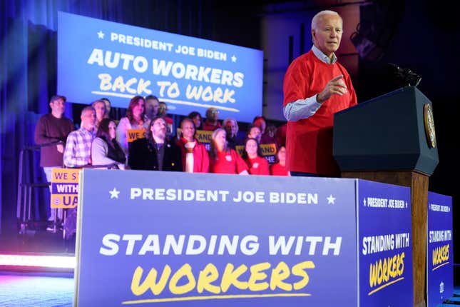 President Joe Biden speaks to United Auto Workers at the Community Building Complex of Boone County, Thursday, Nov. 9, 2023, in Belvidere, Ill. (AP Photo/Evan Vucci)