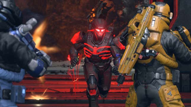 A screenshot shows a soldier in red armor running at other Spartans in Halo. 