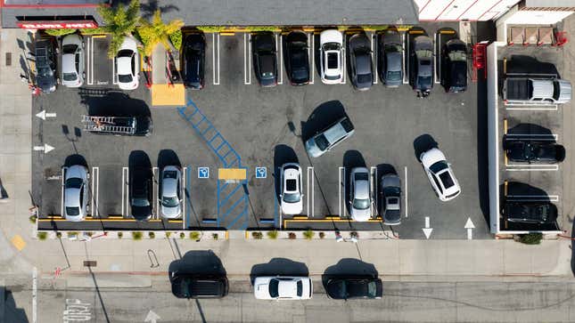 Overhead view of one of the worse parking lots in Los Angeles at Trader Joes in Pasadena Tuesday, Feb. 6, 2024.