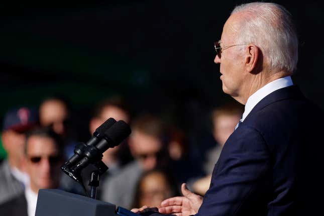 US president Joe Biden delivers remarks on his economic goals at the Tioga Marine Terminal in Philadelphia on Oct. 13.