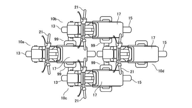 A patent showing four small scooters strapped together.