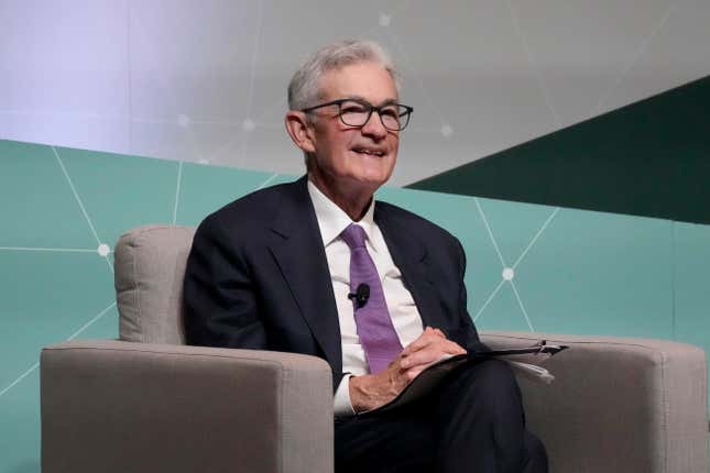 Federal Reserve Board Chair Jerome Powell speaks at the Business, Government and Society Forum at Stanford University in Stanford, Calif., Wednesday, April 3, 2024. (AP Photo/Jeff Chiu)