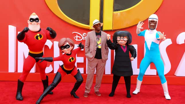 Samuel L. Jackson with the characters from the film at the Incredibles 2 premiere in London, Britain July 2018.