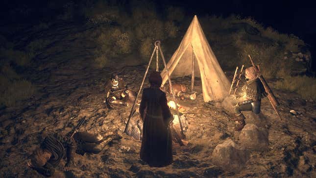 Characters sit around a campfire and tent at night