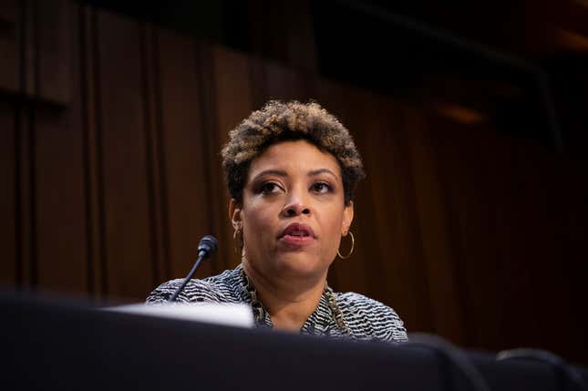 Shalanda Young, President Biden’s Nominee to be Director of the Office of Management and Budget, testifies during a Senate Budget Committee Nomination Hearing at the U.S. Capitol, in Washington, D.C., on Tuesday, February 1, 2022. Congress returns from recess this week, as the Senate gets ready to confirm a Supreme Court Nominee in the near future after the announcement of the retirement of Justice Stephen Breyer.