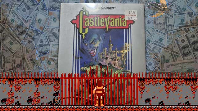 Castlevania hero Simon looks at a copy of the game surrounded by money. 