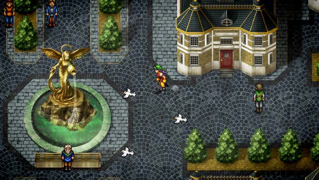 A pixelated boy wearing a red shirt and a green bandana is running on a stone street in a city. A golden water fountain depicting an angel holding a pot can be seen, featuring higher definition graphics than the boy.