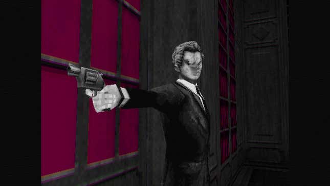 A low-poly model of a man in a suit points a gun