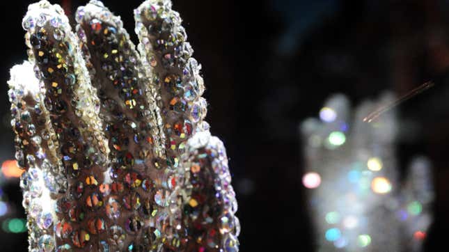 The famous white glove worn by Michael Jackson when he performed Billie Jean at the Grammy Awards in 1983 is seen on display at ‘Michael Jackson: The Official Exhibition’ on Oct. 26, 2009, in London.