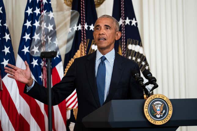 Former President Barack Obama speaks during the official White House portrait unveiling ceremony for himself and former First Lady Michelle Obama in the East Room of the White House on Wednesday, September 7, 2022.