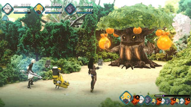 Warriors fight a tree in a turn-based battle. 