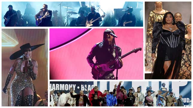 Clockwise from left: Mary J. Blige, Luke Combs, Lizzo, 50th Anniversary of Hip Hop, Steve Lacy