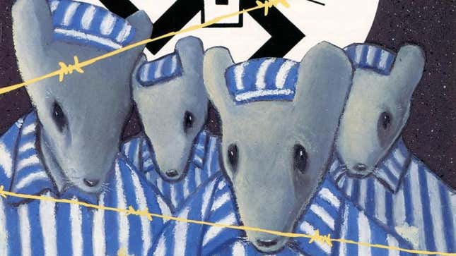 Anthropomorphic mice in blue-striped prison uniforms stare beyond a wall of barbed wire.