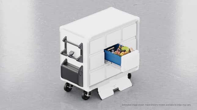 A rendering of a white electronic grocery cart with nine drawers.