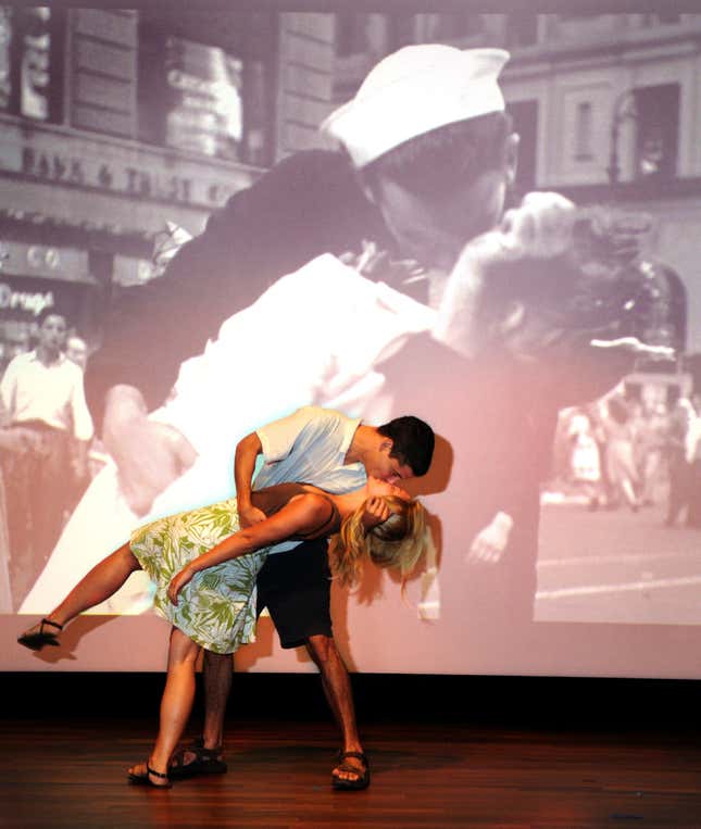 New Orleans college students Jacques Metevier and Katie Peterson were  the runner-ups of V-J Day kissing contest at the National World War II  Museum in New Orleans, LA., Saturday, Aug. 14, 2010. The contest sought  to recreate the iconic photograph by Alfred Eisenstaedt shot in Times  Square in New York City. 