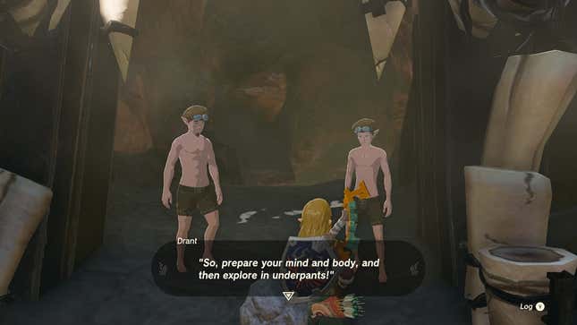 Link is seen talking to men in their underwear, with one saying "So, prepare your mind and boyd, and then explore in underpants!"