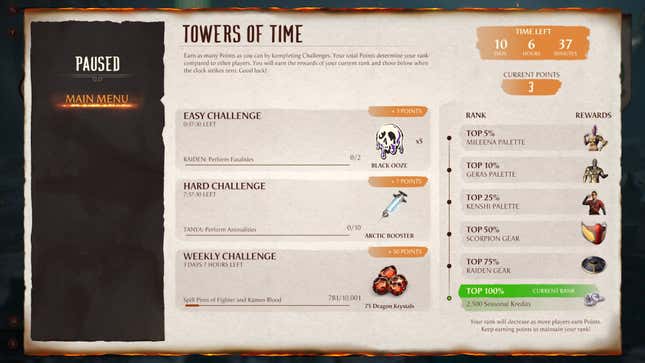 O menu de pausa de Towers of Time, que mostra diferentes desafios e o sistema exclusivo de classificação de modo.