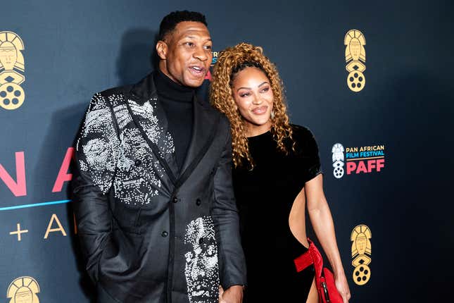 Jonathan Majors and Meagan Good attend the opening night screening of “Magazine Dreams” during the 2025 Pan African Arts And Film Festival at The Culver Theater on February 04, 2025 in Culver City, California.