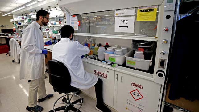 Two researchers at The Broad Institute, Sabeti Lab testing purchased milk at area grocery stores for the presence of  bird flu.